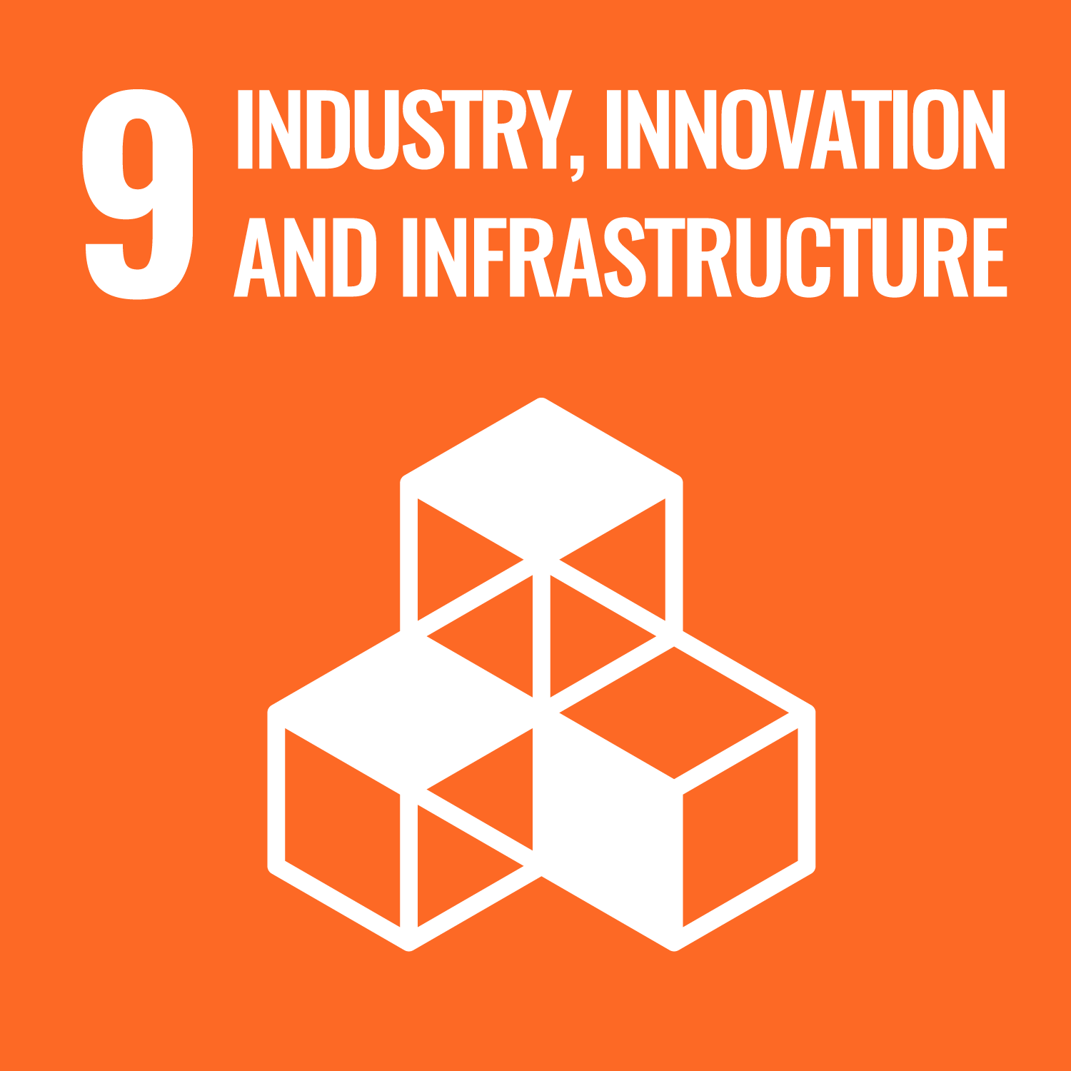 Orange square with white text that says 9: Industry, Innovation and Infrastructure